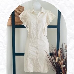 Theory Women's Beige Nova Ruffled Eyelet Button Front Mini Dress Size 12